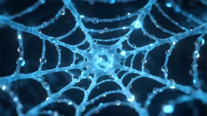 Close-up of a spiderweb with dew drops glowing in blue light