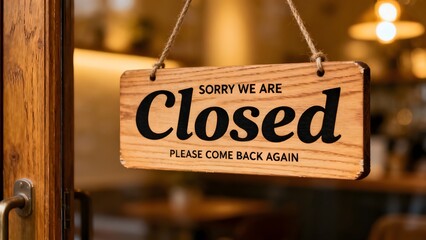 Closed Sign on Wooden Door - Sorry We Are Closed Please Come Back Again.