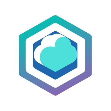 Abstract hexagon logo with heart and cloud design in teal gradients