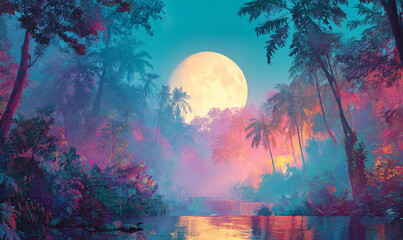 Vibrant Tropical Jungle Scene with Full Moon Rising over Water and Palm Trees in Misty Atmosphere Tonight