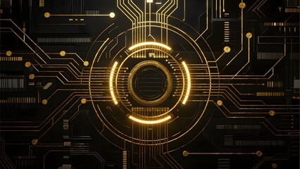 Abstract digital circuit design with glowing golden pathways and central circular interface on dark background