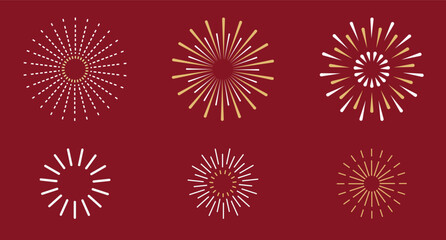 A vibrant display of six white firework designs on a deep red background for festive occasions