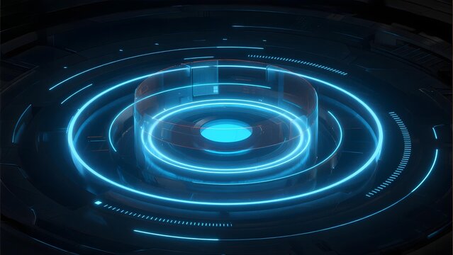 Futuristic digital interface with glowing blue circular patterns and central holographic element - Powered by Adobe