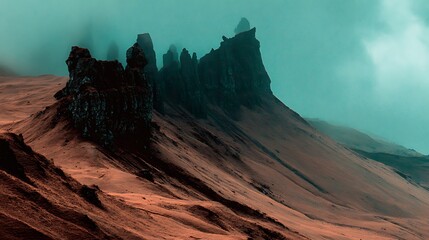 Jagged, dark mountains under a cloudy, teal-colored sky in a dramatic landscape