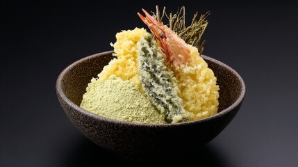 Japanese tempura dish, comprising shrimp, vegetables, and dipping powder, in a bowl