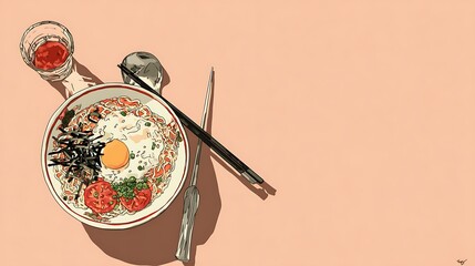 Japanese-inspired meal art with fried egg, rice, seaweed, tomatoes, sauce, & chopsticks