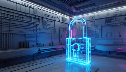 Advanced Cybersecurity Concept Featuring a Digital Padlock with Integrated Circuitry, Data Protection, Encryption Technology, and Secure Network Defense Background