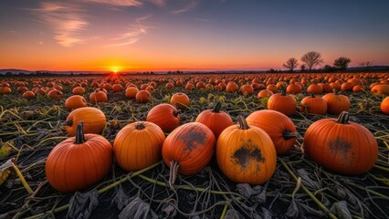 Scenic pumpkin field at sunset showcasing the vibrant harvest season