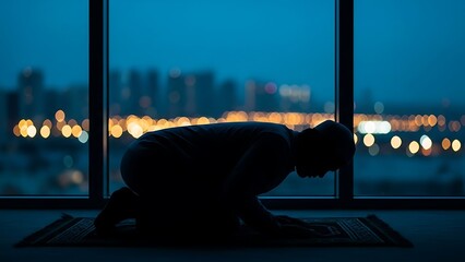 Obraz premium Person in silhouette praying on a mat in front of a large window with a cityscape view at night