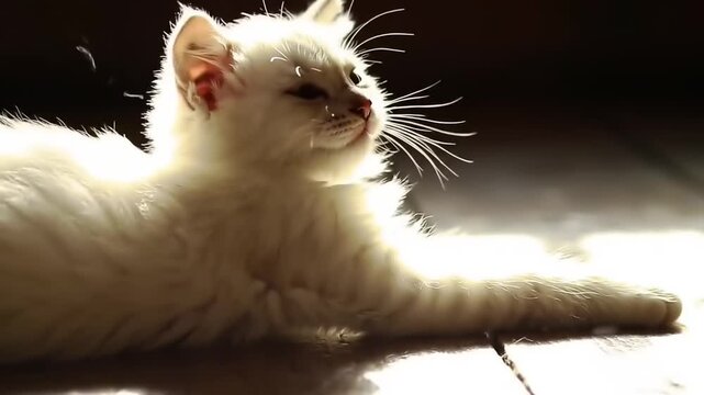 White cat relaxing in sunlight with closed eyes and long whiskers