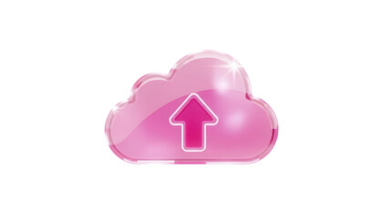 Gradient pink gradient glassmorphism cloud upload icon floating isolated on a clean white background for modern app UI design with soft light reflections.