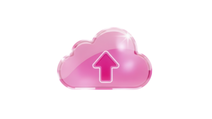 Gradient pink gradient glassmorphism cloud upload icon floating isolated on a clean white background for modern app UI design with soft light reflections.