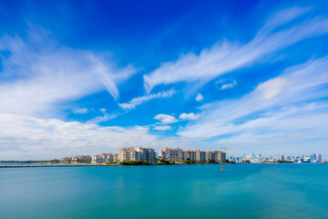 Long exposure photo Miami Beach Fisher Island and Port of Miami circa 2025