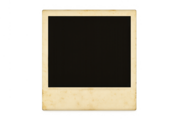 Blank vintage instant print frame showing its textured, stained edges, with a dark placeholder area and transparent background