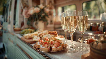 Elegant Food and Drink Setup in Vintage Camper Van at Outdoor Party with Toasts and Appetizers