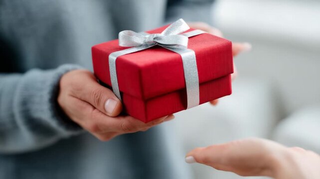 4k Hands of man and woman holding red present box with silver ribbon, minimalist home background, emotional gesture of kindness and affection during holidays holiday gift, red box