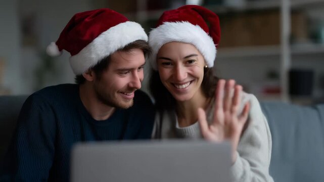 4k Happy couple wearing Santa hats making video call on laptop, smiling and waving while sitting at home, festive atmosphere with gift box and coffee mug Christmas