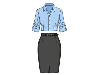 Illustration of a light blue collared shirt tucked into a dark grey pencil skirt with a belt