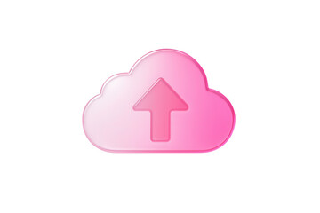 Gradient pink gradient glassmorphism cloud upload icon floating isolated on a clean white background for modern app UI design with soft light reflections.
