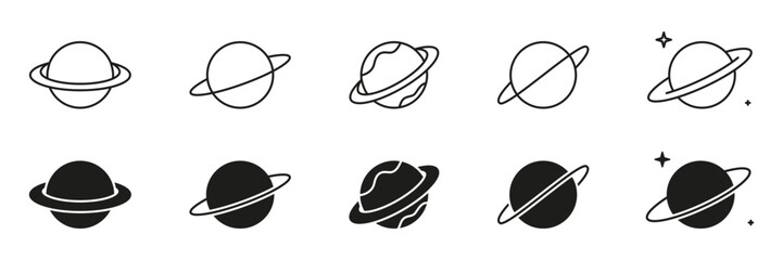 Planet With Rings Line And Solid Icon Set. Astronomy, Space Exploration, And Celestial Bodies Outline And Silhouette Symbol. Cosmic And Galactic. Isolated Vector Illustration © Toxa2x2