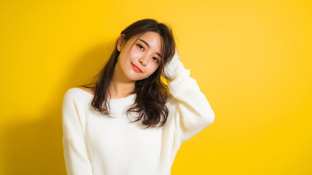 Thoughtful Japanese woman in her 20s against yellow background
