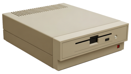 Early external computer drive isolated on transparent background representing vintage data storage technology, classic digital peripherals, retro computing hardware and early information storage conce