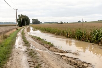 country road by crop field with flood water