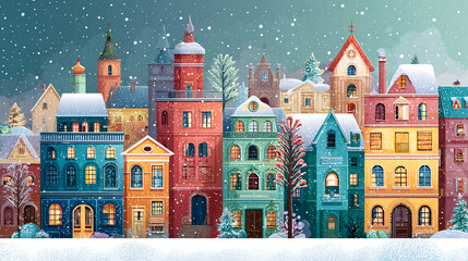 Naklejka premium Whimsical Snowy Town with Colorful Houses and Snowflakes Falling from Night Sky