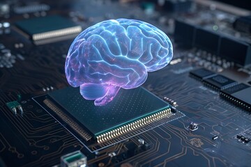brain hologram above mainboard processor. AI mind