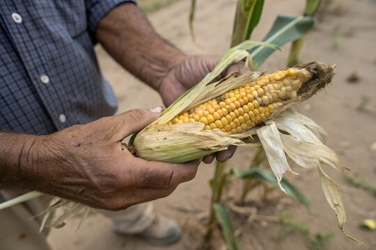 farmer hold disease corn cob with black spot. Crop failure crisis