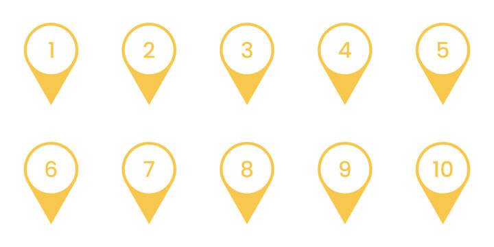 Yellow Location Pin Icon Set. Map Pin with Number. Gold Pointer Icons Collection. Isolated Vector Illustration