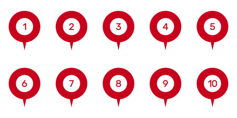 Numbered Location Pin Markers for Navigation and Mapping Icon Set. Geographic Position Indicators and Route Point Pins for Maps and Tracking Symbol Collection. Isolated Vector Illustration © Toxa2x2