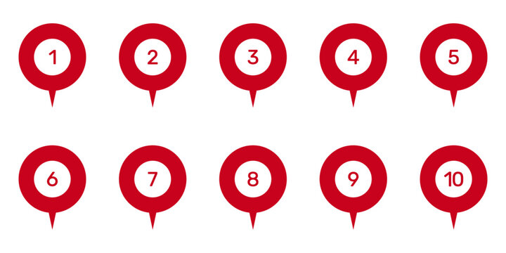 Numbered Location Pin Markers for Navigation and Mapping Icon Set. Geographic Position Indicators and Route Point Pins for Maps and Tracking Symbol Collection. Isolated Vector Illustration