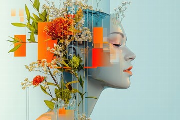 Minimal abstract portrait with botanical elements