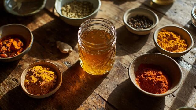 Turmeric Honey And Ginger Remedy Ingredients - Footage