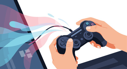 Human hands holding modern video game controller during immersive gaming session with glowing energy waves coming from display screen.