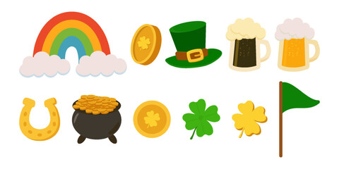 Vector set of St Patrick&rsquo;s Day elements including leprechaun hat, rainbow, pot of gold coins, light and dark beer mugs, four leaf clover and shiny coins for festive designs.