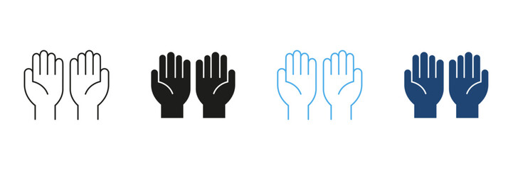 Fototapeta premium Raised Hands Gesture Line And Solid Icon Set. Celebration, Agreement, And Support Symbol Outline And Silhouette Collection. Communication And Interaction Icons. Isolated Vector Illustration