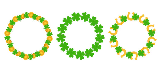 Vector set of decorative wreath frames made of four leaf clovers, golden coins, horseshoes. Perfect for St Patrick&rsquo;s Day cards, invitations, posters, banners festive lucky-themed designs Copy space