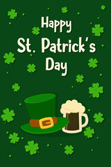 Vertical greeting card with green background featuring a leprechaun hat and a mug of dark beer ale, surrounded by four leaf clovers. Festive St Patrick&rsquo;s Day design with Happy St Patrick&rsquo;s Day text.