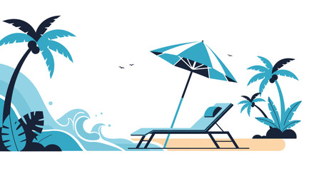 Modern vector landscape features a relaxing beach setup with a lounge chair and umbrella under palm trees by the blue sea.