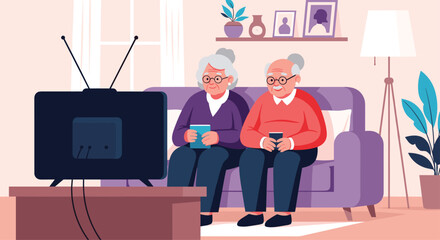 Elderly couple sits comfortably on a purple sofa in their living room while watching television together in a cozy home.