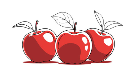 Three ripe red apples with green leaves and stems arranged in a row with soft shadows against a plain white background in an artistic style.