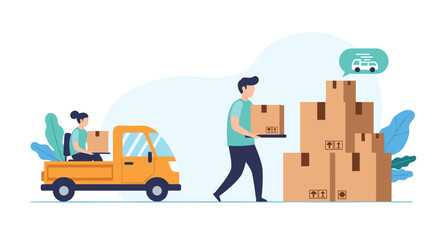 Delivery team works together to load cardboard boxes onto a small yellow truck near a large stack of parcels for shipping.