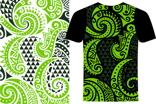 Vibrant Green Tribal Pattern T-Shirt Design, Hawaii, South American, Fiji, Island T shirt template vector with Green Tribal Flow with Organic Leaf Motifs, Modern Jersey Vector, Sport fashion vector.
