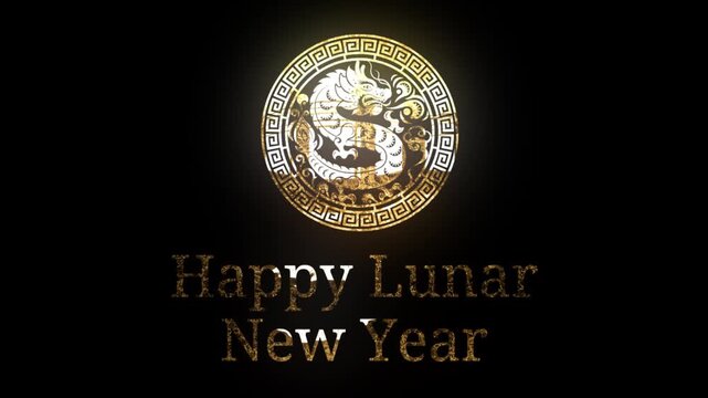 Happy lunar new year dragon emblem animation on black background