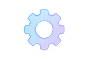 Transparent blue purple glassmorphism settings gear icon floating isolated on a clean white background for modern app UI design with soft light reflections.