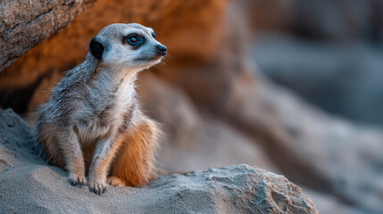 Fototapeta premium Alert Meerkat Standing on Rocky Outcrop in Desert Landscape with Blurred Background
