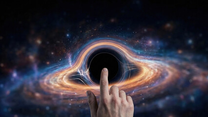 Hand touching black hole event horizon with swirling galaxy light and cosmic energy, mysterious and awe inspiring