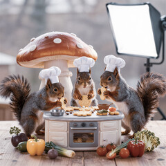 Whimsical Squirrel Chefs Baking in a Miniature Kitchen